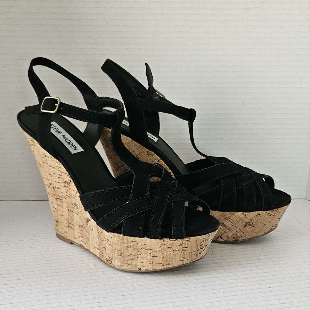 Steve Madden Black Suede Cork Wedge Sandals